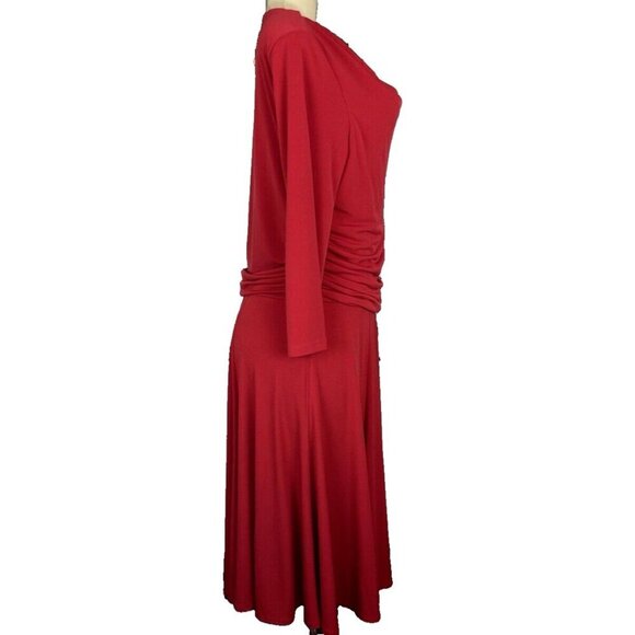 Simonton Says M Red Cowl Neck Ruched Waist Lined Top 3/4 Sleeve Midi Flare Dress - Picture 3 of 6